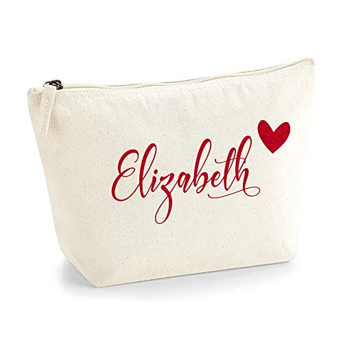 Personalisiert Name Initialen & Herz Kosmetiktasche Damen Schminktasche für Handtasche Makeup Tasche - Glitter oder Flocke Material Druck - Rote Flocke - L | Natürlich von TULLUN