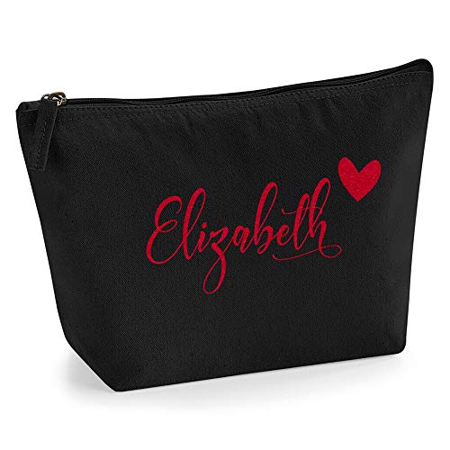 Personalisiert Name Initialen & Herz Kosmetiktasche Damen Schminktasche für Handtasche Makeup Tasche - Glitter oder Flocke Material Druck - Rote Flocke - L | Schwarz von TULLUN