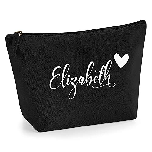 Personalisiert Name Initialen & Herz Kosmetiktasche Damen Schminktasche für Handtasche Makeup Tasche - Glitter oder Flocke Material Druck - Weiße Flocke - M | Schwarz von TULLUN