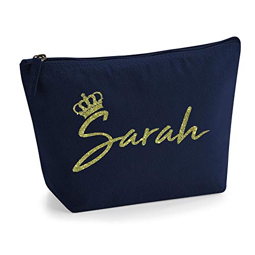 Personalisiert Name Initialen & Königin Krone Kosmetiktasche Damen Schminktasche für Handtasche Makeup Tasche - Glitter oder Flocke Material Druck - Gold Glitter - L - Marine Blau von TULLUN