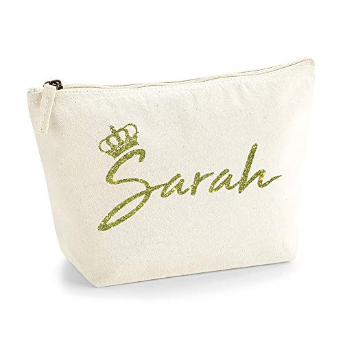 Personalisiert Name Initialen & Königin Krone Kosmetiktasche Damen Schminktasche für Handtasche Makeup Tasche - Glitter oder Flocke Material Druck - Gold Glitter - L - Natürlich von TULLUN