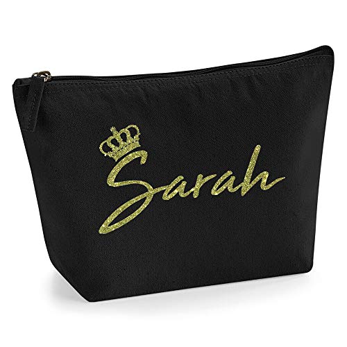 Personalisiert Name Initialen & Königin Krone Kosmetiktasche Damen Schminktasche für Handtasche Makeup Tasche - Glitter oder Flocke Material Druck - Gold Glitter - L - Schwarz von TULLUN