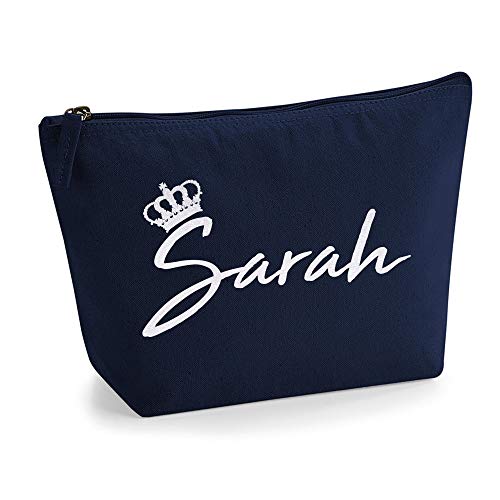 Personalisiert Name Initialen & Königin Krone Kosmetiktasche Damen Schminktasche für Handtasche Makeup Tasche - Glitter oder Flocke Material Druck - Holo Weißer Glitzer - L - Marine Blau von TULLUN