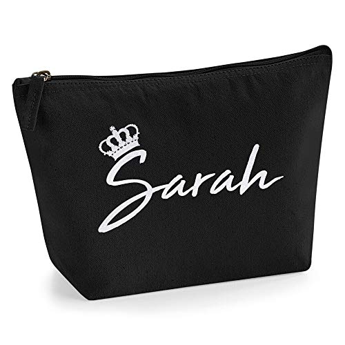 Personalisiert Name Initialen & Königin Krone Kosmetiktasche Damen Schminktasche für Handtasche Makeup Tasche - Glitter oder Flocke Material Druck - Holo Weißer Glitzer - L - Schwarz von TULLUN