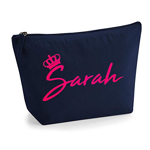 Personalisiert Name Initialen & Königin Krone Kosmetiktasche Damen Schminktasche für Handtasche Makeup Tasche - Glitter oder Flocke Material Druck - Neonrosa Flocke - L - Marine Blau von TULLUN