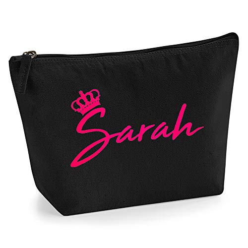 Personalisiert Name Initialen & Königin Krone Kosmetiktasche Damen Schminktasche für Handtasche Makeup Tasche - Glitter oder Flocke Material Druck - Neonrosa Flocke - L - Schwarz von TULLUN