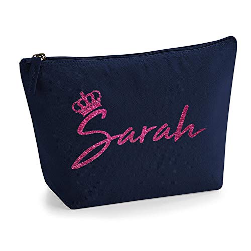 Personalisiert Name Initialen & Königin Krone Kosmetiktasche Damen Schminktasche für Handtasche Makeup Tasche - Glitter oder Flocke Material Druck - Rosa Glitzer - L - Marine Blau von TULLUN