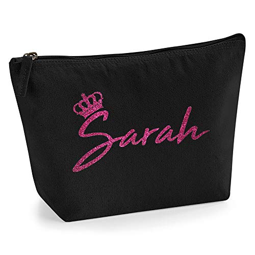 Personalisiert Name Initialen & Königin Krone Kosmetiktasche Damen Schminktasche für Handtasche Makeup Tasche - Glitter oder Flocke Material Druck - Rosa Glitzer - L - Schwarz von TULLUN