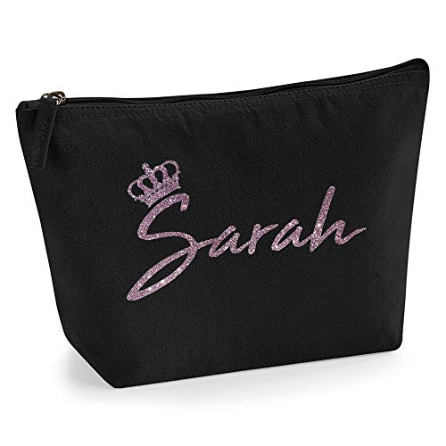 Personalisiert Name Initialen & Königin Krone Kosmetiktasche Damen Schminktasche für Handtasche Makeup Tasche - Glitter oder Flocke Material Druck - Roségold Glitter - L - Schwarz von TULLUN