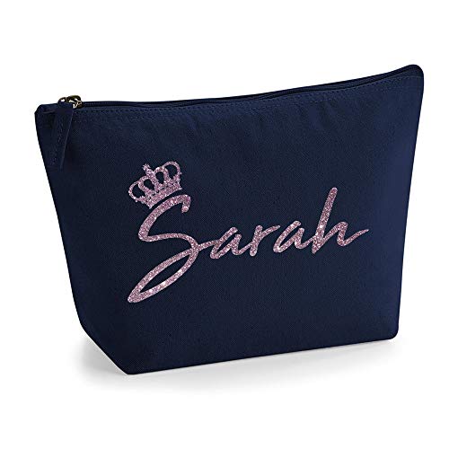 Personalisiert Name Initialen & Königin Krone Kosmetiktasche Damen Schminktasche für Handtasche Makeup Tasche - Glitter oder Flocke Material Druck - Roségold Glitter - S - Marine Blau von TULLUN