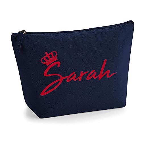 Personalisiert Name Initialen & Königin Krone Kosmetiktasche Damen Schminktasche für Handtasche Makeup Tasche - Glitter oder Flocke Material Druck - Rote Flocke - L - Marine Blau von TULLUN