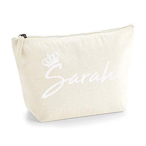 Personalisiert Name Initialen & Königin Krone Kosmetiktasche Damen Schminktasche für Handtasche Makeup Tasche - Glitter oder Flocke Material Druck - Weiße Flocke - M - Natürlich von TULLUN