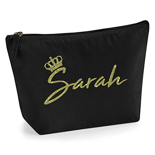 Personalisiert Name Initialen & Königin Krone Kosmetiktasche Damen Schminktasche für Handtasche Makeup Tasche mit Texturdruck - Gold Glitter - M - Schwarz von TULLUN