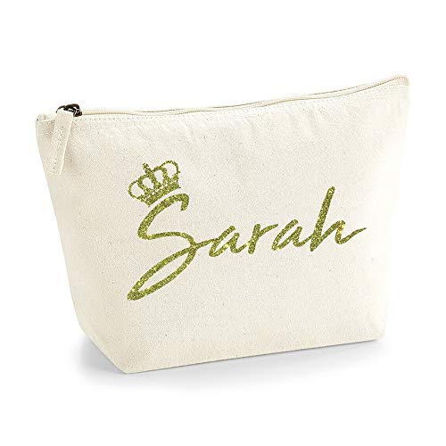 Personalisiert Name Initialen & Königin Krone Kosmetiktasche Damen Schminktasche für Handtasche Makeup Tasche mit Texturdruck - Gold Glitter - S - Natürlich von TULLUN