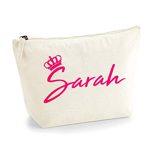 Personalisiert Name Initialen & Königin Krone Kosmetiktasche Damen Schminktasche für Handtasche Makeup Tasche mit Texturdruck - Neonrosa Flocke - L - Natürlich von TULLUN