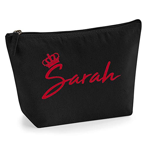 Personalisiert Name Initialen & Königin Krone Kosmetiktasche Damen Schminktasche für Handtasche Makeup Tasche mit Texturdruck - Rote Flocke - L - Schwarz von TULLUN