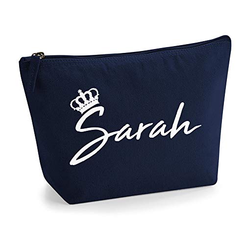 Personalisiert Name Initialen & Königin Krone Kosmetiktasche Damen Schminktasche für Handtasche Makeup Tasche mit Texturdruck - Weiße Flocke - L - Marine Blau von TULLUN