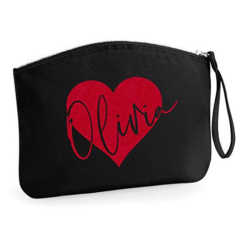 Personalisiert Name Kosmetiktasche Damen Schminktasche Handtasche Zubehör Taschen - Glitzer oder Flocke Material Druck - |S| Schwarz - Rote Flocke von TULLUN