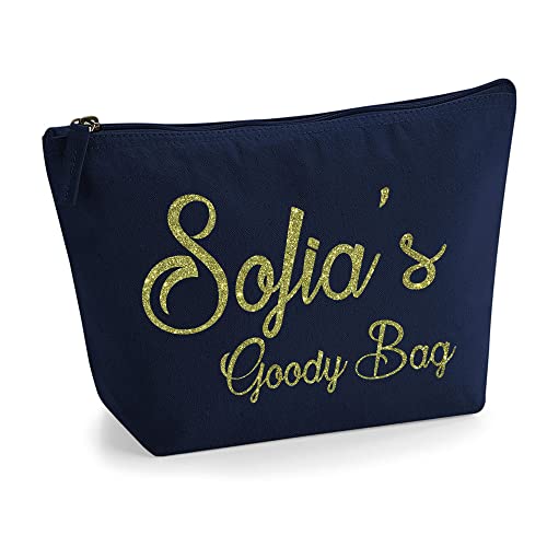 Personalisierte Farbe Name Initialen Text Goody Kosmetiktasche Damen Schminktasche für Handtasche Makeup Tasche - Glitter oder Flocke Material Druck - Gold Glitter - M | Marine Blau von TULLUN