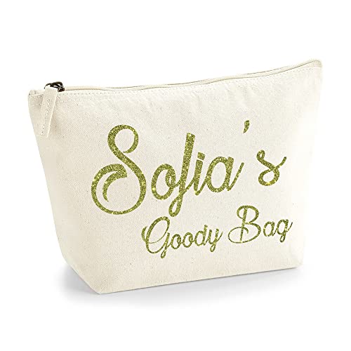 Personalisierte Farbe Name Initialen Text Goody Kosmetiktasche Damen Schminktasche für Handtasche Makeup Tasche - Glitter oder Flocke Material Druck - Gold Glitter - M | Natürlich von TULLUN