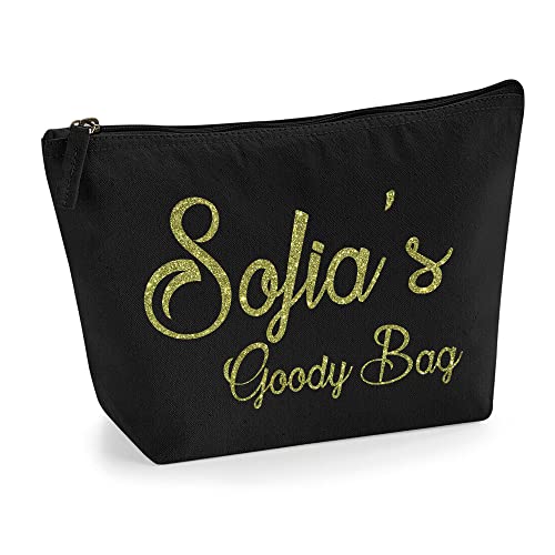 Personalisierte Farbe Name Initialen Text Goody Kosmetiktasche Damen Schminktasche für Handtasche Makeup Tasche - Glitter oder Flocke Material Druck - Gold Glitter - M | Schwarz von TULLUN