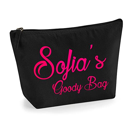 Personalisierte Farbe Name Initialen Text Goody Kosmetiktasche Damen Schminktasche für Handtasche Makeup Tasche - Glitter oder Flocke Material Druck - Neonrosa Flocke - L | Schwarz von TULLUN