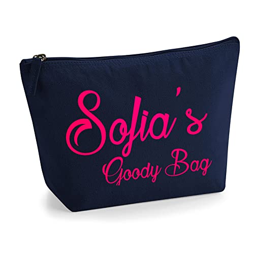 Personalisierte Farbe Name Initialen Text Goody Kosmetiktasche Damen Schminktasche für Handtasche Makeup Tasche - Glitter oder Flocke Material Druck - Neonrosa Flocke - S | Marine Blau von TULLUN