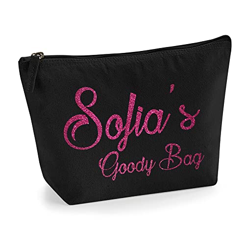 Personalisierte Farbe Name Initialen Text Goody Kosmetiktasche Damen Schminktasche für Handtasche Makeup Tasche - Glitter oder Flocke Material Druck - Rosa Glitzer - L | Schwarz von TULLUN