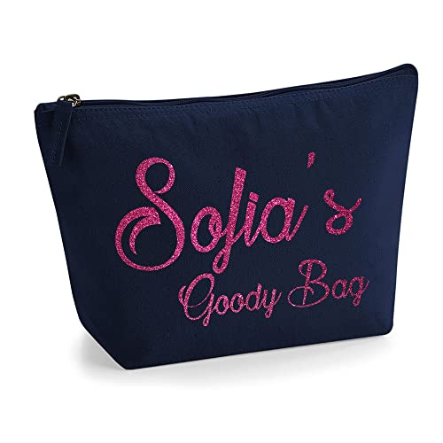 Personalisierte Farbe Name Initialen Text Goody Kosmetiktasche Damen Schminktasche für Handtasche Makeup Tasche - Glitter oder Flocke Material Druck - Rosa Glitzer - M | Marine Blau von TULLUN