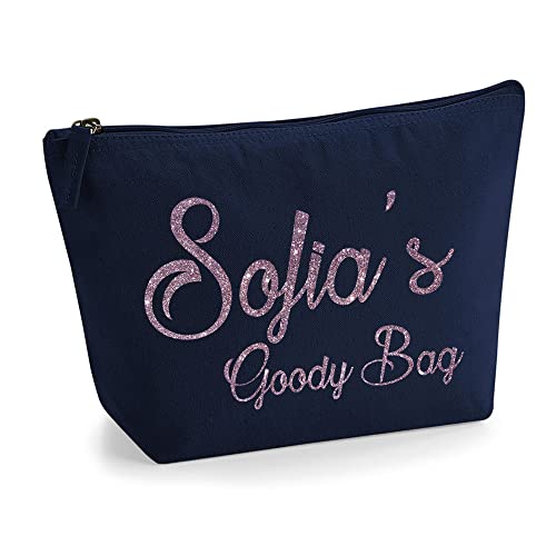 Personalisierte Farbe Name Initialen Text Goody Kosmetiktasche Damen Schminktasche für Handtasche Makeup Tasche - Glitter oder Flocke Material Druck - Roségold Glitter - L | Marine Blau von TULLUN