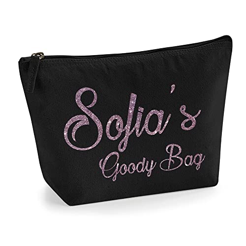 Personalisierte Farbe Name Initialen Text Goody Kosmetiktasche Damen Schminktasche für Handtasche Makeup Tasche - Glitter oder Flocke Material Druck - Roségold Glitter - M | Schwarz von TULLUN