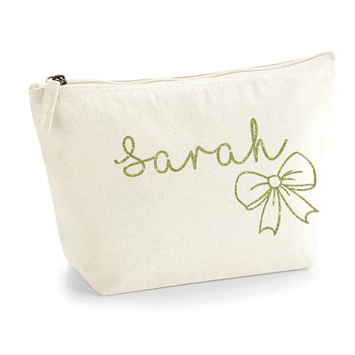 Personalisierter Name Initialen Textstil süßes Schleifen Design Make-up Accessoire Tasche Kosmetiktasche Damen Schminktasche mit Texturdruck - Gold Glitzer - S Natürlich von TULLUN