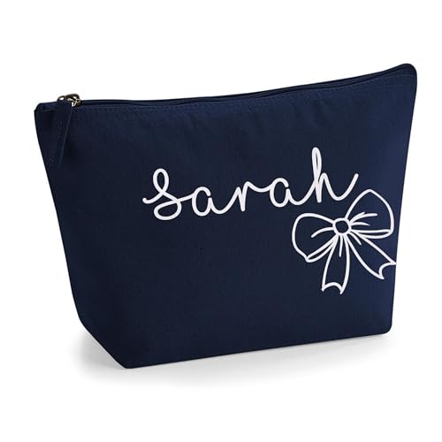 Personalisierter Name Initialen Textstil süßes Schleifen Design Make-up Accessoire Tasche Kosmetiktasche Damen Schminktasche mit Texturdruck - Holo Weißer Glitzer - L Marine von TULLUN
