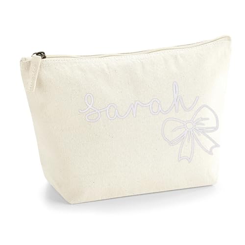 Personalisierter Name Initialen Textstil süßes Schleifen Design Make-up Accessoire Tasche Kosmetiktasche Damen Schminktasche mit Texturdruck - Holo Weißer Glitzer - L Natürlich von TULLUN