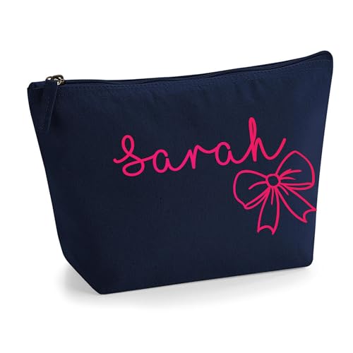 Personalisierter Name Initialen Textstil süßes Schleifen Design Make-up Accessoire Tasche Kosmetiktasche Damen Schminktasche mit Texturdruck - Neonrosa Flocke - M Marine von TULLUN