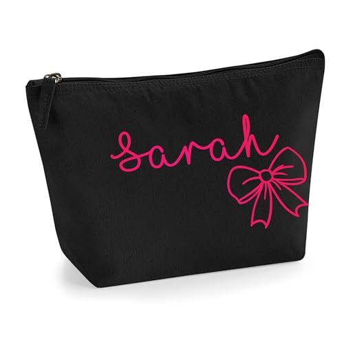 Personalisierter Name Initialen Textstil süßes Schleifen Design Make-up Accessoire Tasche Kosmetiktasche Damen Schminktasche mit Texturdruck - Neonrosa Flocke - M Schwarz von TULLUN