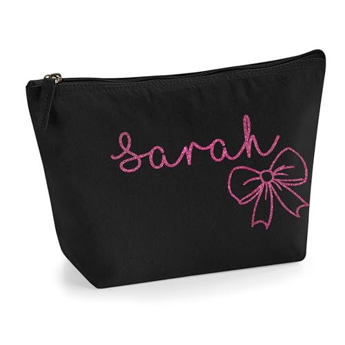 Personalisierter Name Initialen Textstil süßes Schleifen Design Make-up Accessoire Tasche Kosmetiktasche Damen Schminktasche mit Texturdruck - Rosa Glitzer - M Schwarz von TULLUN