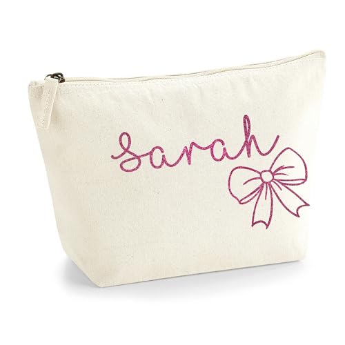 Personalisierter Name Initialen Textstil süßes Schleifen Design Make-up Accessoire Tasche Kosmetiktasche Damen Schminktasche mit Texturdruck - Rosa Glitzer - S Natürlich von TULLUN