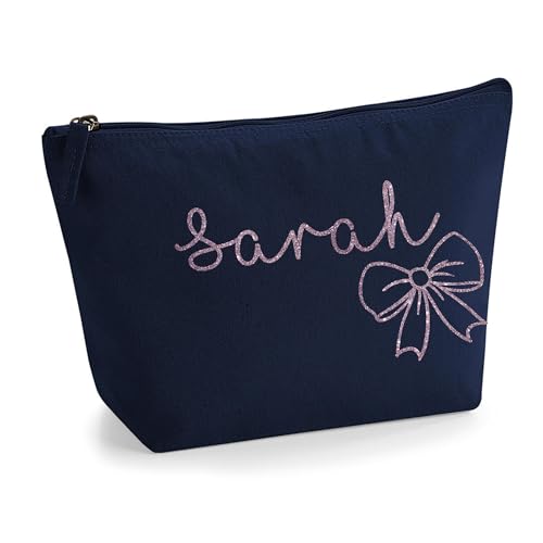 Personalisierter Name Initialen Textstil süßes Schleifen Design Make-up Accessoire Tasche Kosmetiktasche Damen Schminktasche mit Texturdruck - Roségold Glitzer - L Marine von TULLUN