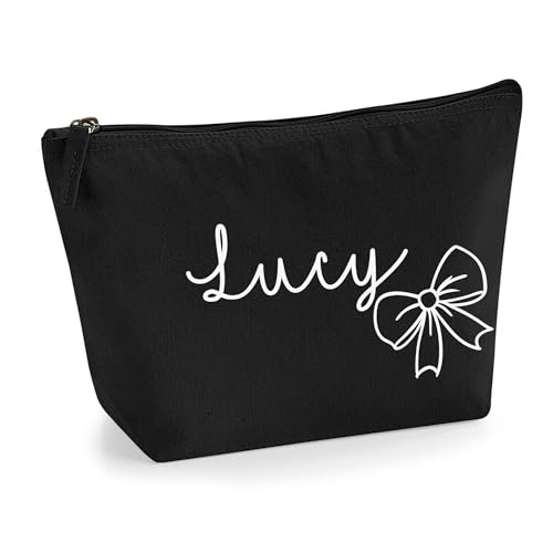 Personalisierter Name Initialen Textstil süßes Schleifen Design Make-up Accessoire Tasche Kosmetiktasche Damen Schminktasche mit Texturdruck - Weiße Flocke - L Schwarz von TULLUN