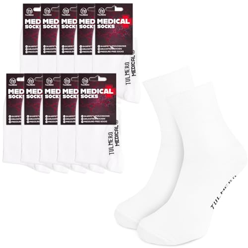TULMERO MEDICAL Socken Komfortbund - Nicht Einschnürende Socken Baumwollsocken - Diabetikersocken - Venensocken - Business-Socken - Herren/Damen - Druckfreie Socke Glatt - Weiß 10 Paar Gr. 41-43 von TULMERO
