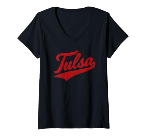 Damen TULSA OKLAHOMA VARSITY SCRIPT IM KLASSISCHEN SPORTTRIKOT-STIL T-Shirt mit V-Ausschnitt von TULSA OKLHOMA RETRO VINTAGE SCRIPT TEAM JERSEY