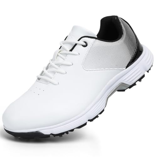 TUMAHE 7 Spikes Golfschuhe Für Männer wasserdichte Leichte Golfschuhe Outdoor Bequeme rutschfeste Wanderschuhe,Weiß,45 EU von TUMAHE