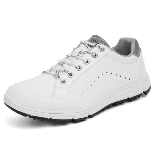 TUMAHE Flache Herren Golfschuhe Leichte Golfer Sneakers Komfortable Fußgewölbestütze Wasserabweisende Golfsportschuhe,Weiß,39 EU von TUMAHE