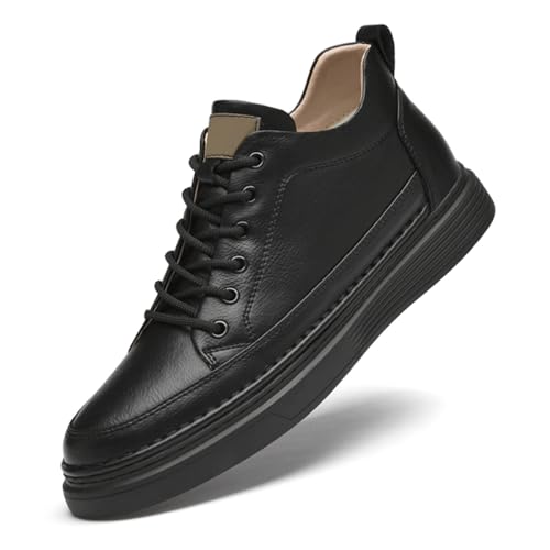 TUMAHE Herren Walking Casual Sneakers, Leder Dressy Fußgewölbestütze Höhe Erhöhen Schuhe Bequeme Schnürschuhe Zur Verbesserung,Low top Black,43 EU von TUMAHE