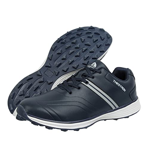 TUMAHE wasserdichte Golfschuhe, breite passende Leder-Golf-Trainer rutschfeste Bequeme Spikeless-gehende Turnschuhe,Blau,47 von TUMAHE