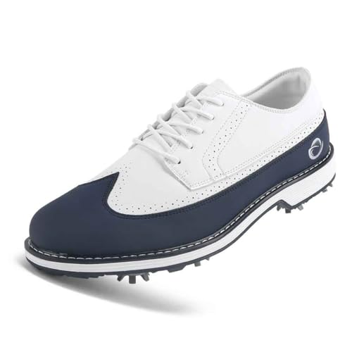 TUMAHE wasserdichte Leder Golf Turnschuhe für Männer Low Top Schnürung Walking Schuhe Mode Casual Golfer Sneaker,Blau,42 EU von TUMAHE