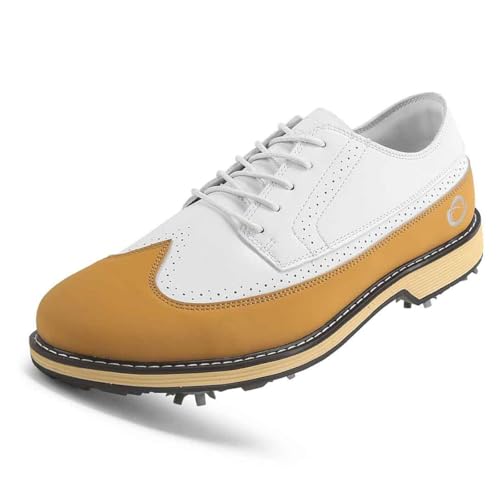 TUMAHE wasserdichte Leder Golf Turnschuhe für Männer Low Top Schnürung Walking Schuhe Mode Casual Golfer Sneaker,Gelb,45 EU von TUMAHE
