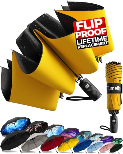 TUMELLA Flip-Proof Inverted Travel Umbrella, Small Strong But Light Portable and Automatic Reverse Folding Rain Umbrella, Durable Premium Grip, Fits Car & Backpack von TUMELLA