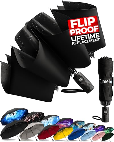 TUMELLA Flip-Proof Inverted Travel Umbrella, Small Strong But Light Portable and Automatic Reverse Folding Rain Umbrella, Durable Premium Grip, Fits Car & Backpack von TUMELLA